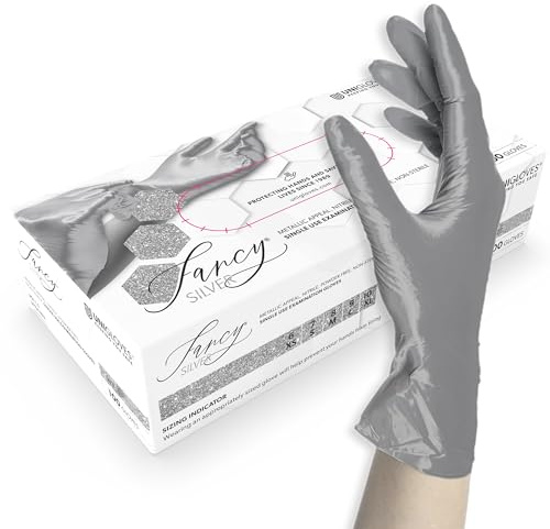 UNIGLOVES FANCY SILVER Disposable Nitrile Gloves Powder Free Size XL | Premium nitrile gloves for food handling, chemical resistance and medical use, textured grip and beaded cuff.
