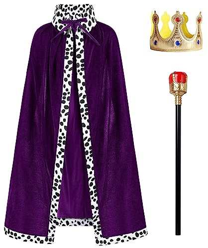 IBAKOM Enfant Garçon Roi Costume Cape Prince Robe Déguisement Homme Halloween Carnaval Cosplay Couronne Sceptre Ensemble de Jeu de rôle Violet foncé 4-9 Ans