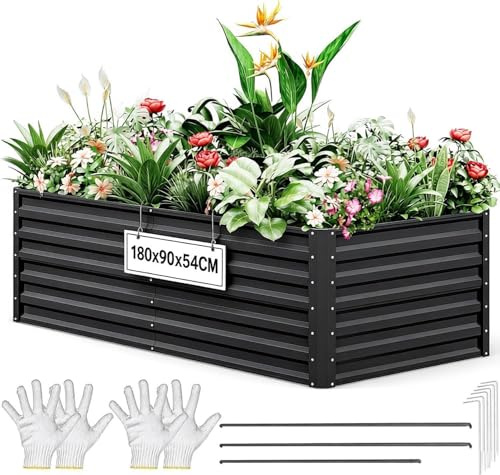 YITAHOME Outdoor Raised Garden Bed Kit 180x90x60cm, Raised Beds Thickened Zinc-Aluminum-Magnesium Stainless Steel Metal Raised Beds for Garden with Safety Rubber for Vegetables Flowers Fruits (Black)