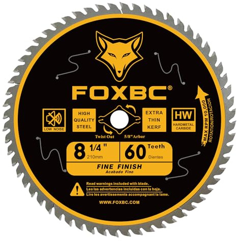 FOXBC 8-1/4 Inch Table Saw Blade 60 Tooth Fine Finish Wood Cutting with 5/8 Arbor, Diamond Knockout