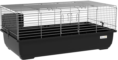 PawHut Gabbia per Conigli a 2 Aperture con Vassoio Rimovibile, Conigliera Gabbia per Roditori in Metallo e Plastica PP, 100x55x41 cm, Nero e Argento