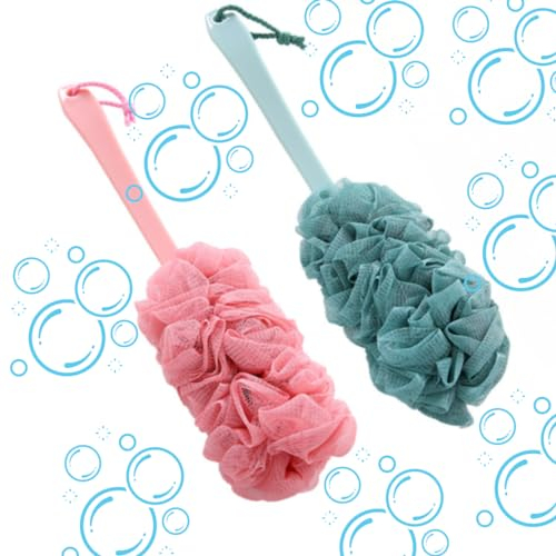 His & Hers Loofah Bath Brush Set - Ergonomic Long-Handled Back Scrubbers, Soft PE Loofah for Gentle Exfoliation, Spa Experience at Home, Pink & Blue, Easy Hang & Quick Dry Design for Couples