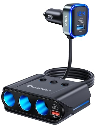 SONRU 7-en-1 Multi Prise Chargeur Allume Cigare, 180W【Dual PD & Quick Charge 3.0】 12V/24V Chargeur Voiture USB, Charge Rapide Chargeur, Affichage du Tension par LED pour Tablette/Phone/GPS