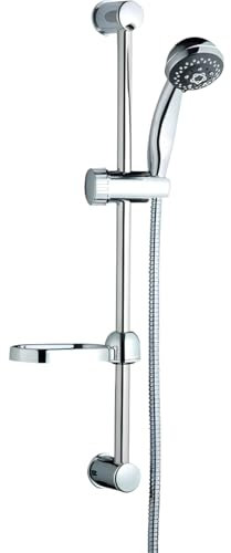 Saliscendi Doccia Regolabile con Soffione Multifunzione, Asta Doccia con Doccetta 5 Getti, Supporto e Portasapone, Ø 25mm H 65cm, Laccio Acciaio Cromato 150cm.