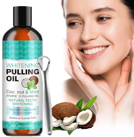 Pemarlis 237ml Huile éclaircissante pour bain de bouche, rince-bouche à l'huile de menthe avec grattoir à langue, Natural Teeth Whitening Mouthwash, pour tirer les dents