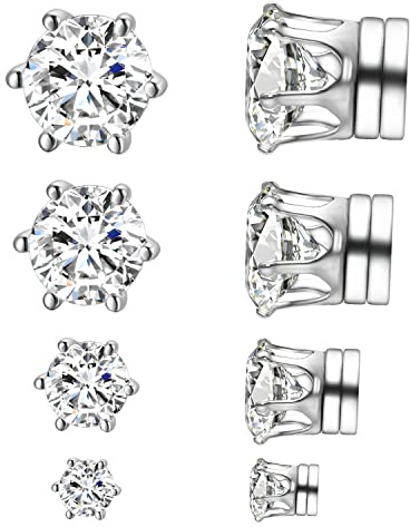 Airokiy 4 Paare Diamanten Ohrringe Herren Magnet Herren Ohne Ohrlöcher Ohrschmuck Magnetisch Silber Magnetische Ohrringe Hypoallergene