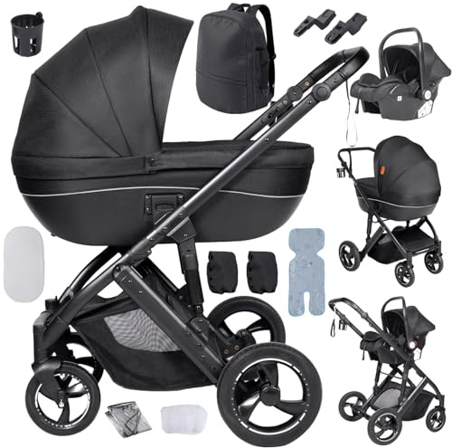 Doraystar Kinderwagen 3 in 1, Kombikinderwagen 3 in 1 mit Zwei Umkehrbaren Schiebemodi, Kinderwagen Komplettset mit Ein-Klick-Faltdesign, Rahmen Aluminiumlegierung (H2 Black)