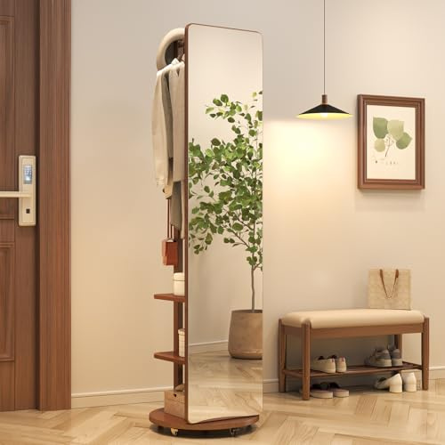 Muwuele Solid Wood Full Length Mirror Coat Rack, 70 x 20 Oversize Standing Mirror Full Length with Brake Wheels, Floor Mirror for Living Room, Entryway (Walnut)