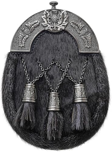 Scottish Full-Dress Kilt Sporran for Men – Black Fur with Antique Pewter Thistle Cantle and Leather Chain Belt – Handcrafted Traditional Highland Accessory (Thistle Emblem Cross Tassles)