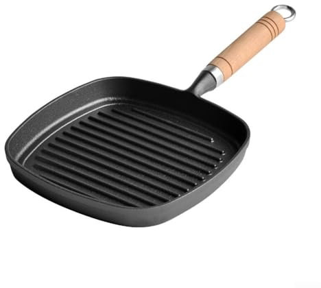 Sumsoctober Cookware Skillet Solid Cast Iron Frying Pan with Striated Grill Wooden Heat-Resistant Handle, 22cm, Nonstick Grill Pan for Fish, Steak, Pork, Home Cooking