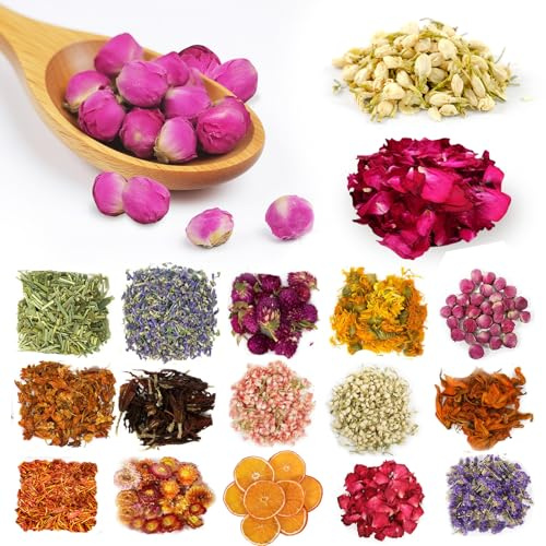 15 Paquetes Tipos de Flores Secas para Jabón, Hierbas Secas y Pétalos, Kit de Hierbas, Jazmín, Nomeolvides, Rosa, Lirio, Ciruelas Rojas...para artesanos DIY Resina Arte Bombas de baño Jabón Velas.