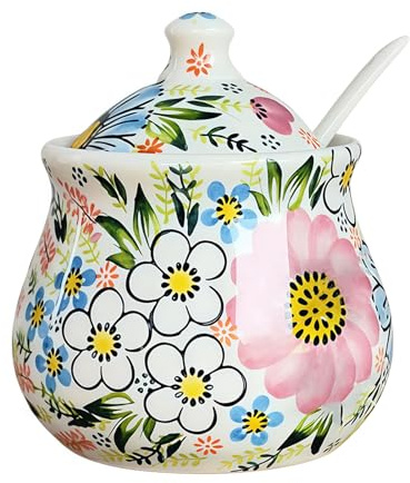 Zuccheriera con motivo floreale con coperchio e cucchiaio, porta zucchero da 250 ml per bar, zuccheriera in ceramica con manico