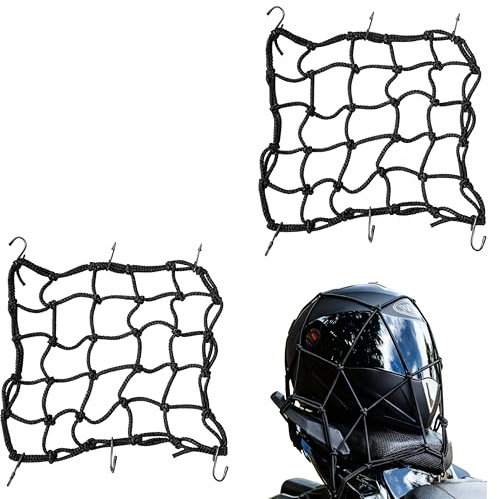 leruiyezs 2 Pezzi Rete da Carico Moto,con Ganci Regolabili,40x40cm,Nero,Rete Elastica Resistente,per Casco E Bagagli,Accessori Moto,per Moto Bicicletta E E Bike,Uso Quotidiano,Ragno Moto