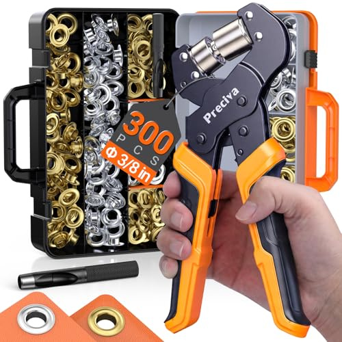 Grommet Tool Kit with Quick-Change Jaws- 3/8 Handheld Eyelet Kit, 300Pcs Gold/Silver Grommets, Ratchet Pliers, No Screwdriver for Jaw Swap, Sturdy Punch for Fabric Tarpaulin Canvas PVC Banners