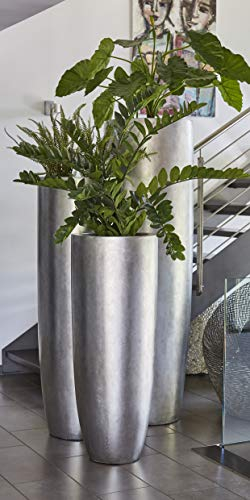 Klocke Dekorationsbedarf XXL Pflanzvase/Pflanzkübel – Hochwertig & Modern - Fiberglas - Mit Einsatz – Indoor – Garten Vase/Kübel - Pflanzengefäß - Höhe 185cm - Ø 55cm - Silber