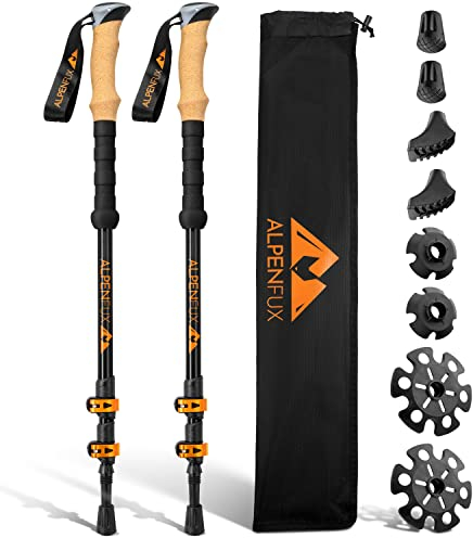 ALPENFUX® Premium Wanderstöcke Teleskop, Trekkingstöcke, Nordic Walking Stöcke, leicht und verstellbar mit Korkgriff für Damen und Herren, schwarz, orange
