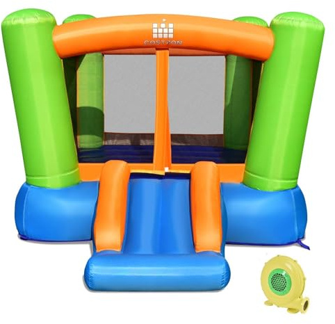 Costzon Inflatable Bounce House, Bouncy House for Kids Indoor Outdoor Party Family Fun with Slide, 480w Blower, Oxford Cloth, Portable Toddler Small Castle Bounce House for Backyard Birthday Gifts