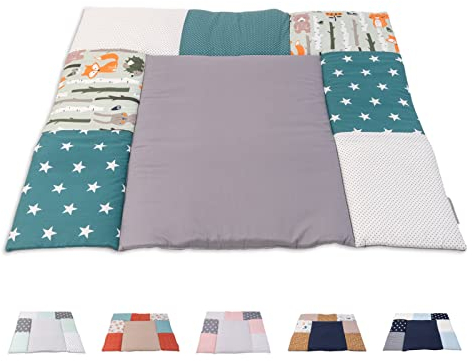 ULLENBOOM ® Wickelauflage 85x75 cm Waldtiere Petrol (Made in EU) - Wickelunterlage Waschbar und für Unterwegs geeignet, Bezug: 100% OEKO TEX Baumwolle, Wickeltischauflage 75x85