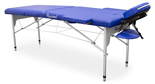 QUIRUMED Klappbare Massageliege aus Aluminium Easy, Blau, 186 x 66 cm, Massagetisch, Kunstleder, leicht, tragbar, teleskopische Höhenverstellung, bis 140 kg