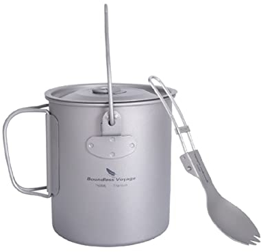 iBasingo 750ml Titan Tasse Glöffel Set Camping Becher Outdoor Hänge Topf mit Deckel & Klappgriff Ultraleicht Kaffee Wasser Becher Spork Picknick Tragbar Koch Geschirr Rucksack Reisen Kochset Ti3039D