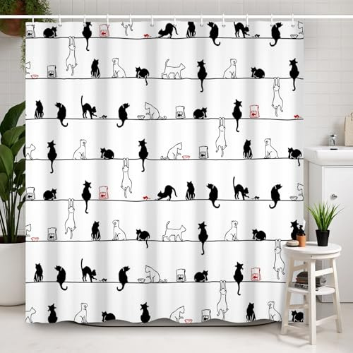 Ttincceer 180x200cm Schwarz Weiß Katze Duschvorhang mit Haken Niedlich Einfach Kätzchen Bad Vorhang Schwarz Weiß Tier Lustig Haustier Dusche Vorhänge Wasserdicht Badewanne Vorhang