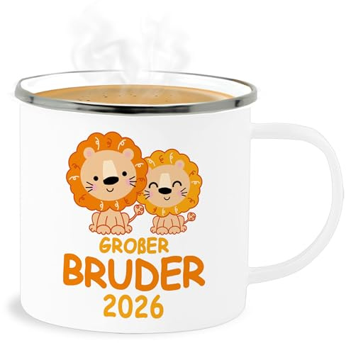 Emaille Becher Blechbecher - Tassen - Großer Bruder 2026 mit Löwen - 300 ml - Weiß Silber - geschenk geburt tasse grosser big brother geschwister für großen große brüder groser geschenke