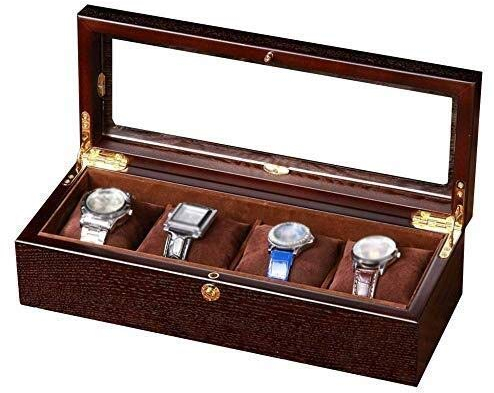 BONOOL Uhrenbox mit 4 Fächern/Schmuckkollektion, Holzbox/Aufbewahrungsbox mit Glasdeckel, Geschenk der Liebe