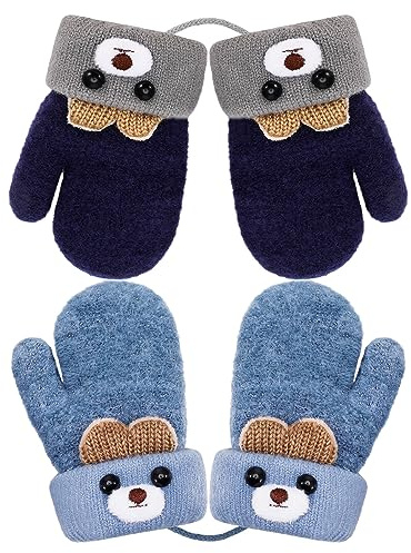 FRIUSATE Kids Knitted Gloves, Stretch Mittens Plush Lining Winter Warm Mittens Full Finger Gloves with String for 1-3 Years Old Boys Girls