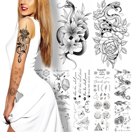 120 styles de tatouages temporaires noirs 3D, tatouages de serpents réalistes et sexy pour femmes et adultes, ornements de tatouage temporaires étanches et durables pour l'art corporel (30 feuilles)