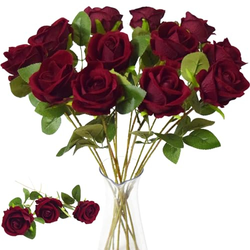 Kinisty 12 Pcs Artificial Flowers Decorative Fake Dark Red Roses, Long Stem Faux Flowers Plastic Silk Rose Bouquet for Wedding Party Home Garden Indoor Outside Decorations