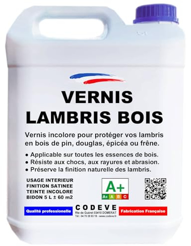 Vernis Lambris Bois - Codeve Bois - 5L - Intérieur - Pour Protéger Un Lambris En Bois De Sapin, Douglas, épicéa Ou Frêne.