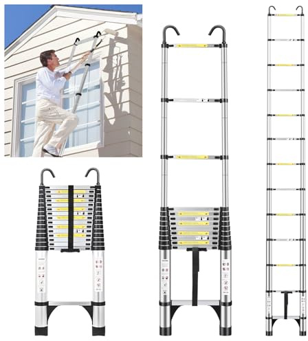 JADDUO 20.3 FT Telescopic Ladder, Aluminium Silver Telescoping Ladder with Non-Slip Feet and Stable Hook, Portable Extension Ladder for Household and Outdoor Working, Heavy Duty 330 lbs Max Capacity