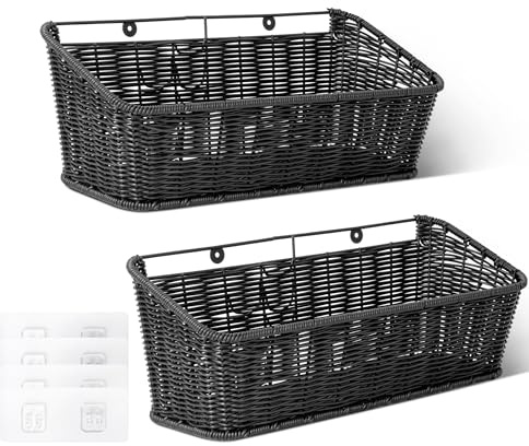 GRANNY SAYS Wicker Hanging Basket, 2 Pack Wall Basket for Kitchen, Fruit and Vegetable Storage Cabinet, Pantry Storage Spice Organization for Cabinet, Adhesive Shelf for Bathroom, Black