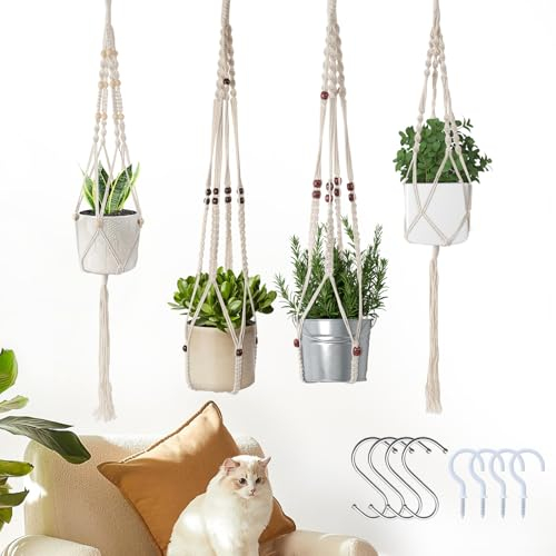 Leseed Makramee Blumenampel 4er Set, Handgefertigte Baumwolle Blumenampel Hängend Innen, Boho Deko Blumentopf Hängend mit Haken, Beige Hängetopf für Pflanzen, für Fenster, Balkon und Wohnzimmer