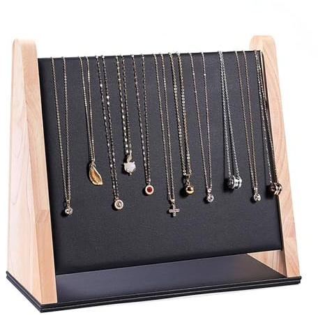 TANG SONG Permanent Jewelry Necklace Chain Display Stand for Vendors | Single-Deck Black Leather Wooden Multiple Jewelry Chain Display Stand