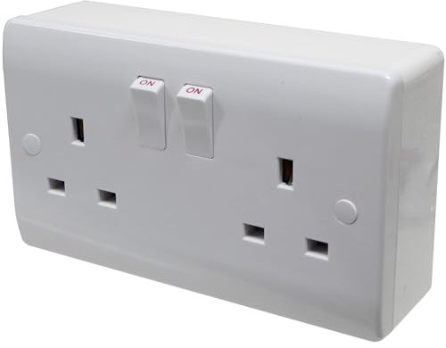 13 Amp 2 Gang Wall Socket and 32mm Surface Box with Knockouts for Conduit and Mini-Trunking