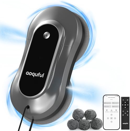 AOQUFUL Robot Lavavetri Intelligente - Pulitore Elettrico con Doppio Spruzzo d'Acqua, Controllo Remoto e App, Adatto per Vetri Interni ed Esterni, Include 12 Panni, Grigio