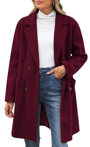 CMTOP Abrigo Mujer Lana Cuello en V Solapa Abrigos Invierno Largo Térmico Chaqueta Otoño Invierno de Lana Chaquetas Recto Doble Faz de Elegantes con Bolsillos(Borgoña, L)