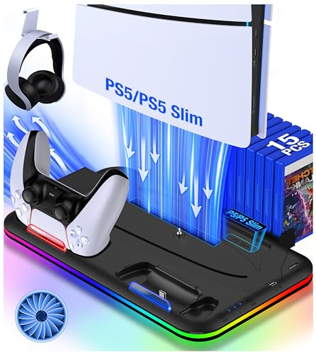 Elegamefy P5 Slim Ständer mit Kühler Lüfter, Standfuß für P5/P5 Slim Disc & Digital Konsole mit Controller Ladestation/Licht/15 Spiele Lagerung/Headset Halterung Zubehör
