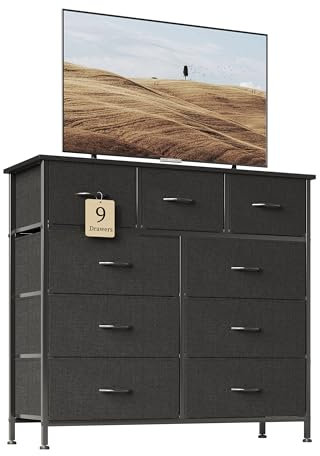 Flrrtenv Chest of Drawer with 9 Drawers, Modern Bedroom Cabinte, 9 Fabric Drawers with Wooden Top, Sturdy Metal Frame, Tall Black Hallway Storage Unit