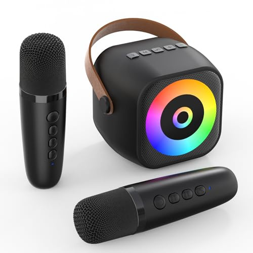 Mini-Karaoke-Maschine, tragbarer Bluetooth-Karaoke-Lautsprecher mit 2 kabellosen Mikrofonen für Kinder und Erwachsene, Geburtstagsgeschenke für Mädchen und Jungen 4, 5, 6, 7, 8, 9, 10, 12+ Jahre alt,