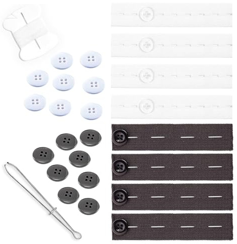 Waist Cincher for Loose Pants with Needles, Clear Buttons and White Thread, Waist Adjuster for Men, Women and Kids (6 Pack, Black & White)