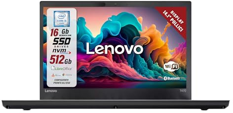 Lenovo ThinkPad, Pc Portatile Intel i5-6200U 2 Core 2.3Ghz, Ram 16Gb SSD 512Gb, Display 14.1 HD, Notebook Pronto all'uso con Libre Office (Ricondizionato)