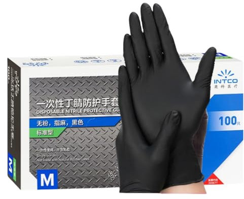 HSTWODE Lot de 100 gants jetables en nitrile, sans poudre et sans latex, disponibles en différentes tailles (noir, M)