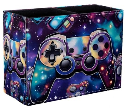 Eslifey Pot à crayons carré pour bureau, manette de gamer, motifs galaxie, pot à stylos, pinceaux de maquillage, support de papeterie pour la maison, le bureau, l'école