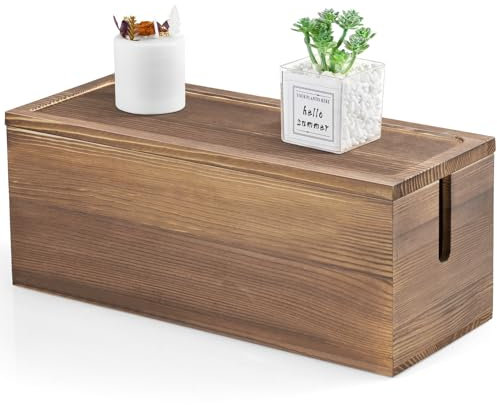 Large Cable Management Box, Burnt Wood Cable Organizer Box for Under Desk, TV and Computer, USB Hub to Cover and Hide Extension Cords, Power Bands