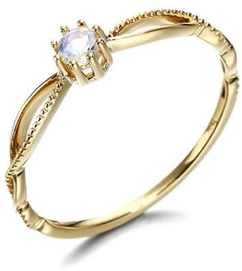 Calefee Damen Ringe Gold 585 Echtgold, Ringe Damen Verlobungsring Schlicht mit Mondstein Rund, Echtschmuck 14k gr. 61 (19.4)