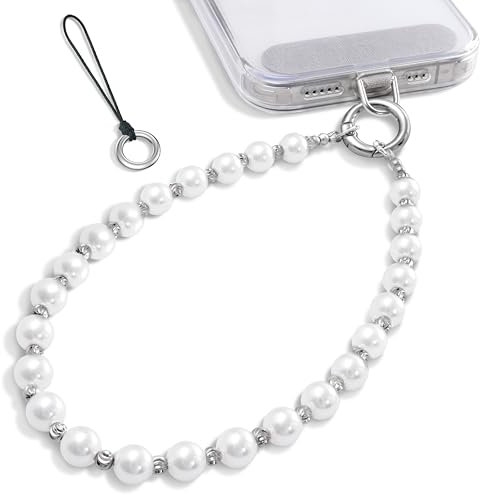 SURPHY Phone Charm, Beaded Anti-Lost Wrist Strap with Keychain & Tether Tab, Phone Chain Wrist Lanyard for iPhone Accessories, Bag, Wallet, Keychain, Silver Pearl