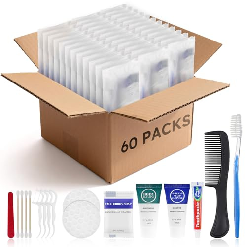 Toiletry Kits Travel Essentials Disposable Hygiene in Bulk, Trial Size Toiletries Supplies Individually Wrapped Traveling Personal Care Items, for Camping, Hotel, Homeless, Charity, 8-in-1 (60-Pack)