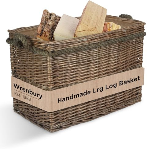 Wrenbury Large Wicker Log Basket with Rope Handles - Rectangle Wood Basket for Fireplace or Wood Burner - Firewood Storage - 38cm x 50cm